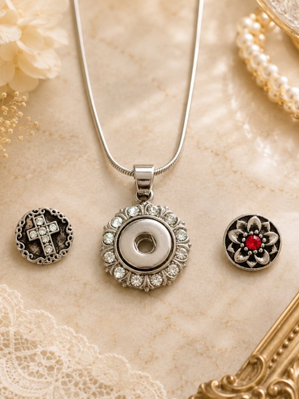 Silver Rhinestone Snap Necklace Interchangeable Cross & Red Crystal Flower